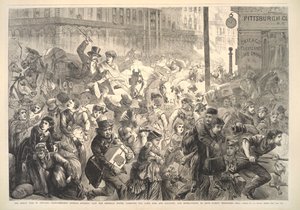 El gran incendio en Chicago: ciudadanos en pánico corriendo junto al Sherman House, ilustración de Frank Leslies Illustrated Newspaper, 1871 de American School